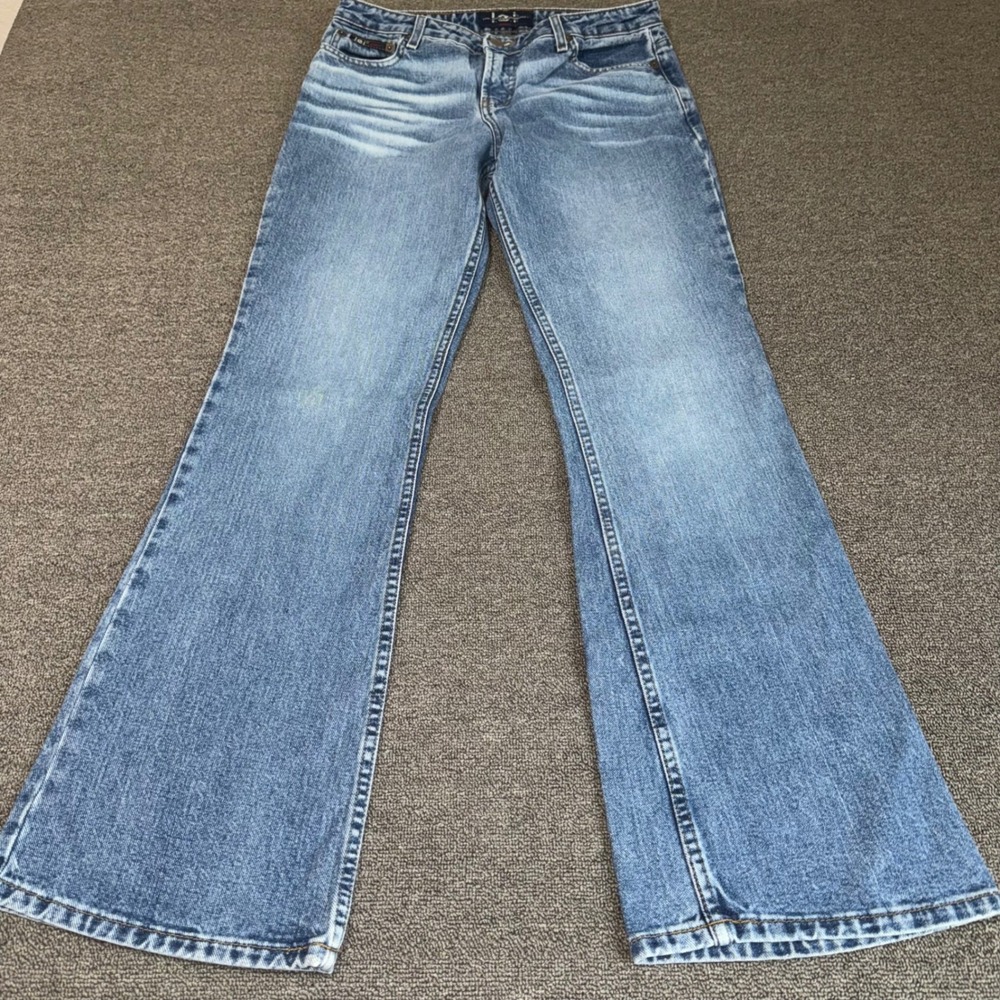 LEI Vintage Y2K Flare Leg Jeans Medium Wash Whiskered Denim Womens 11 Streetwear